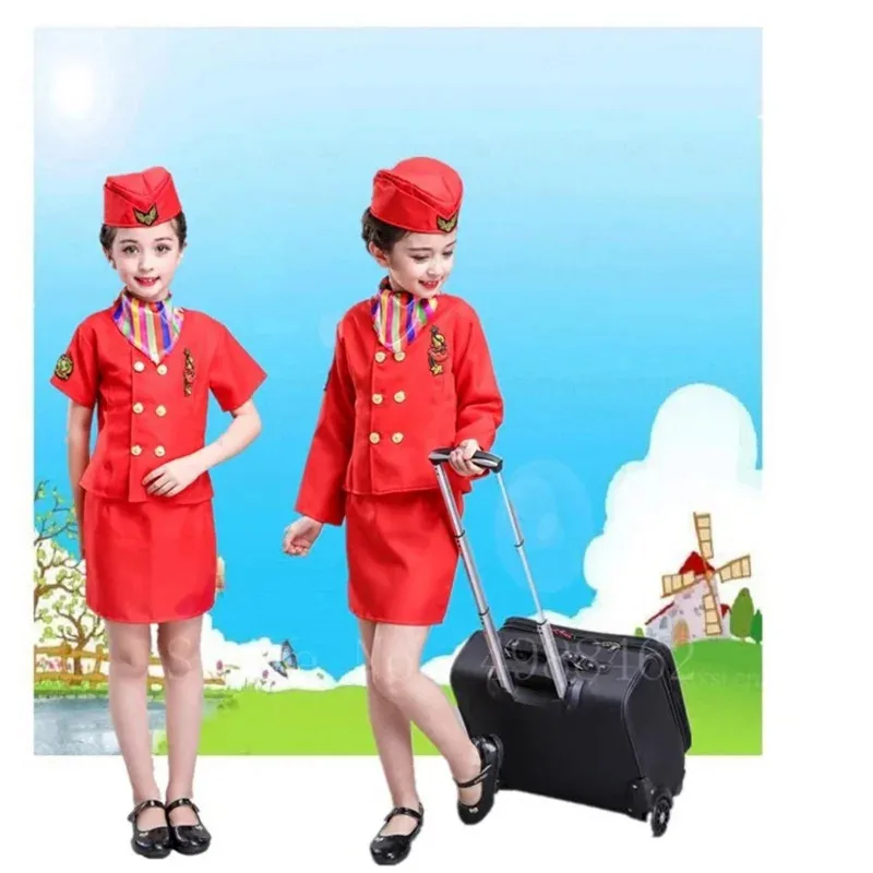aa Bear House 002 2024 Kids Flight Attendent Cosplay Costumes Girls Stewardess Airline Service Uniforms Halloween Party WAT99 ★