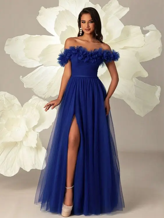 

Royal Blue Prom Dresses 2024 Off Shoulder Sweetheart Ruffles Tulle Pleats Long Formal Party Wedding Guest Dress Women