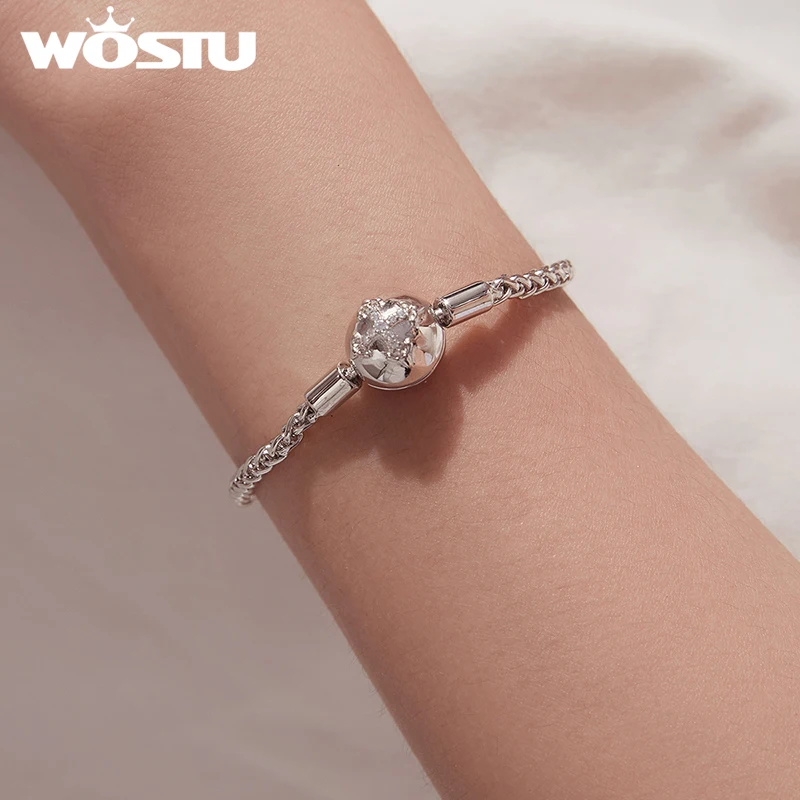 WOSTU Platinum Plated Sparkling Zircon Cross Bangle Bracelet Fit DIY Charm Beads, Original Design Jewelry Making Wholesale
