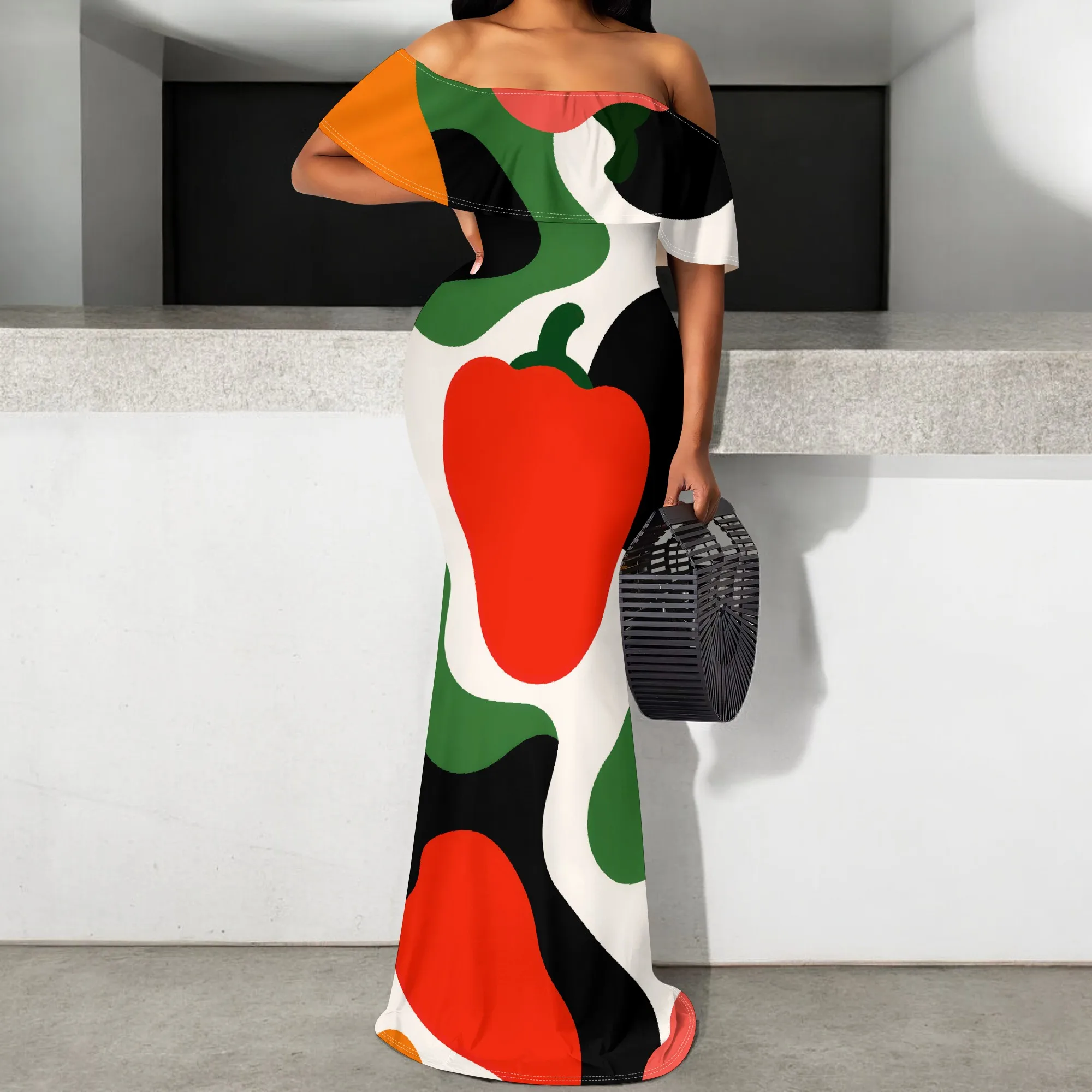 

Women's Off Shoulder Maxi Dress Pop Art Abstract Red Pepper Print Bodycon Mermaid Gown Ruffle Party Evening Vacation Dress S-3XL