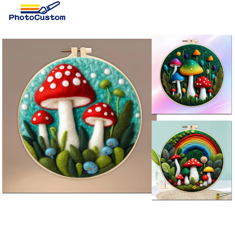 

PhotoCustom Hot Sales Pattern Diy Wool Painting Embroidery Kit Creative Mushroom Diy Wool Needle Felt Picture Kit For Beginners