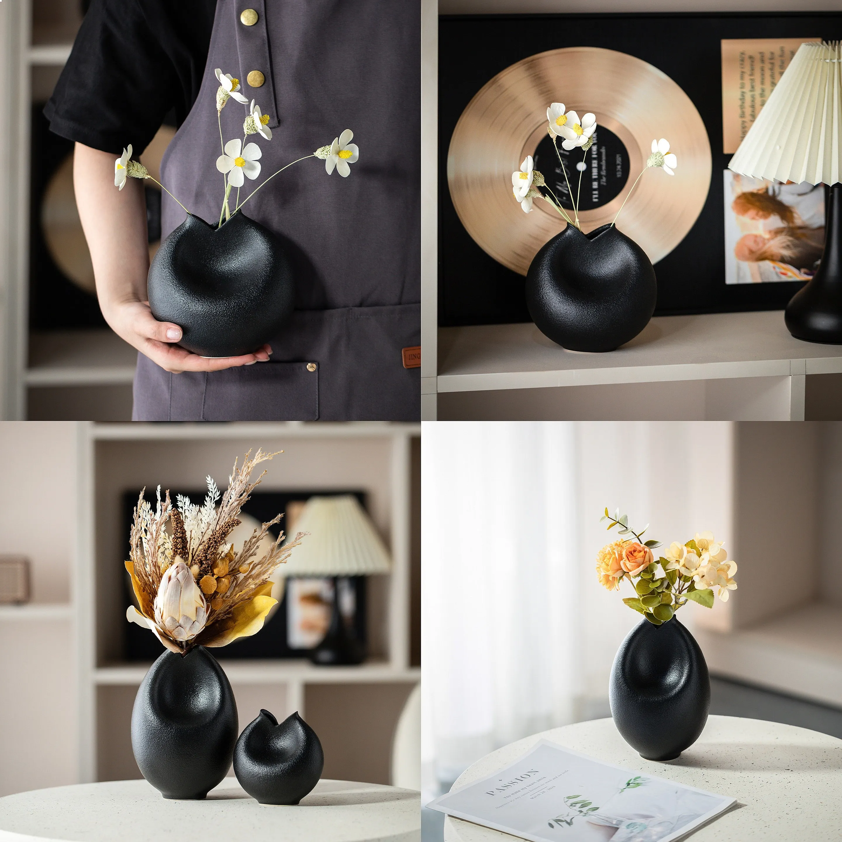 Modern Chinese Style Black Ceramic Vase Creative Simple Home Decor Tabletop Flower Arrangement Craft
