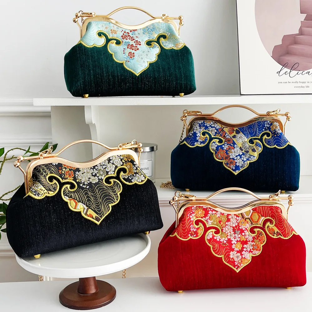 Chinese Style Embroider Print Evening Bag For Women Metal Handle Handbags Simple Chain Shoulder Bags Prom Party Clutches Purses