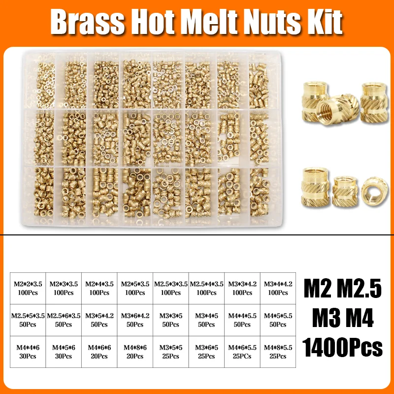 1400x Einsatz Gewinde Kit Messing Mutter M2 M3 M4 M5 M6 M8 Hot Melt Heat Set Einsätze für Kunststoff 3D Drucker Kupfer Rohr Einsetzen Mutter