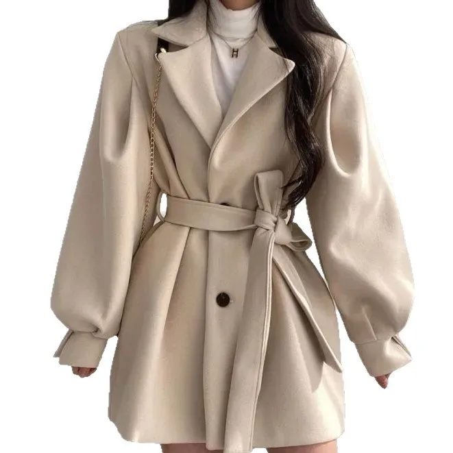 Women Woolen Coat 2026 Cinched-Waist Autumn Winter High-End Tweed Sashes Lantern Sleeve Solid Color Coat Women's Clothing