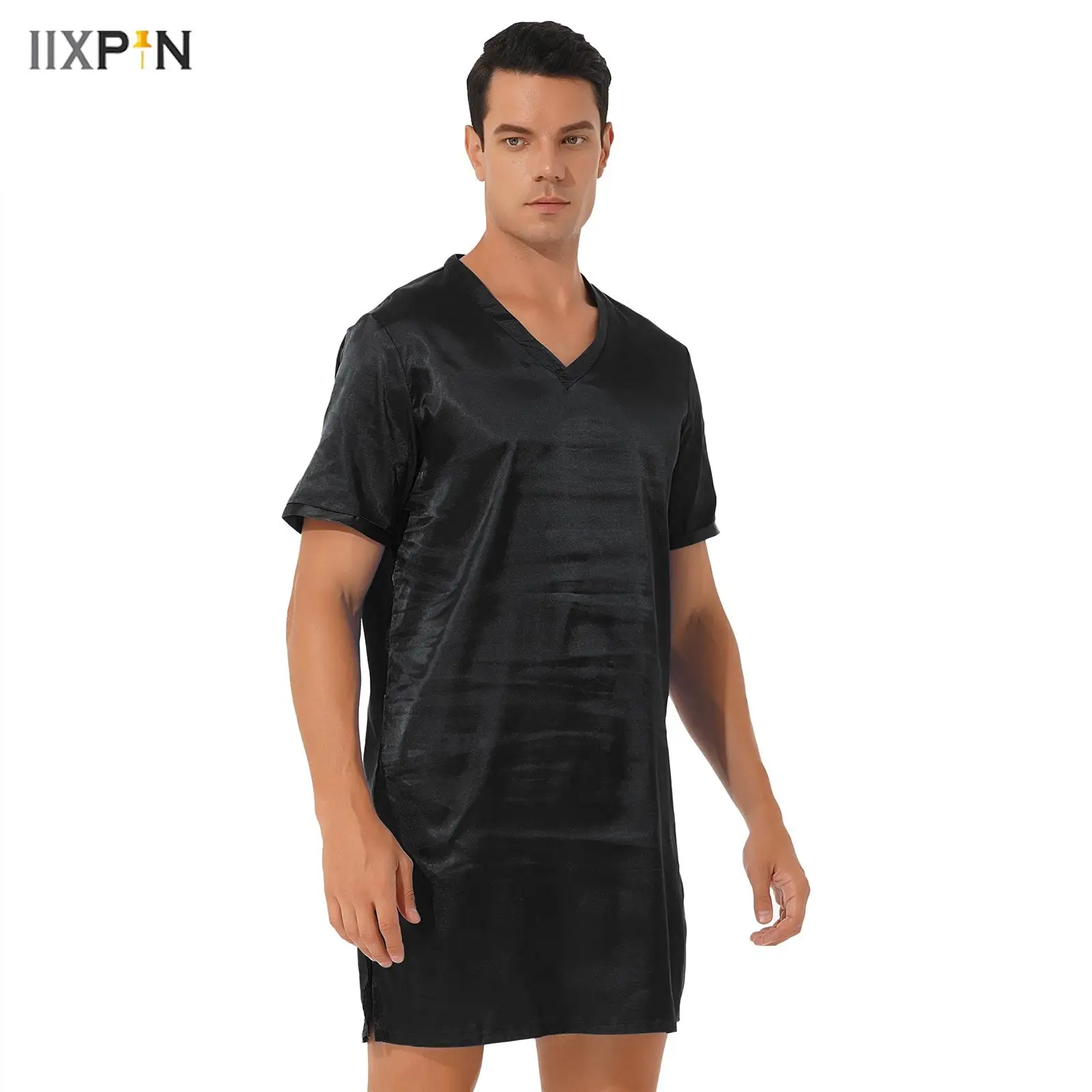 

Men Women Satin Nightgown Sleep Robes Short Sleeve V Neck Sides Split Sleepwear Nightclothes Homewear Nightwear New