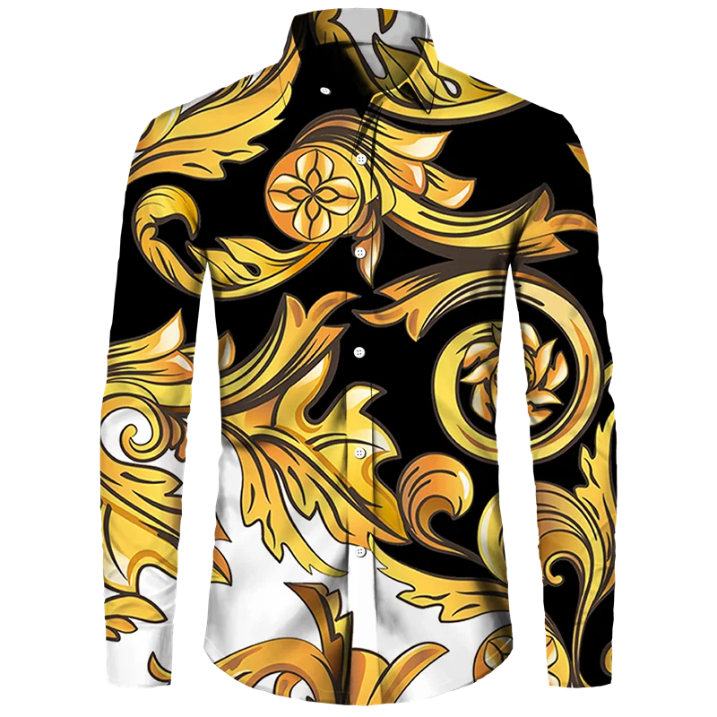 Golden Flower Pattern Print Men\'s Shirts Casual Single-Breasted Cardigan Long Sleeve Shirt Fashion Trend Tops Men Clothing