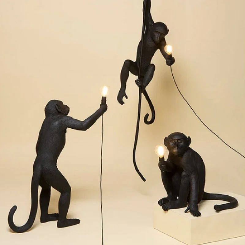 Imagem -02 - Monkey Pendant Lamps com Hemp Rope Iluminação Pendente Industrial Retro Monkey Wall Lamp Floor Lamp Table Lamp Black Golden e White