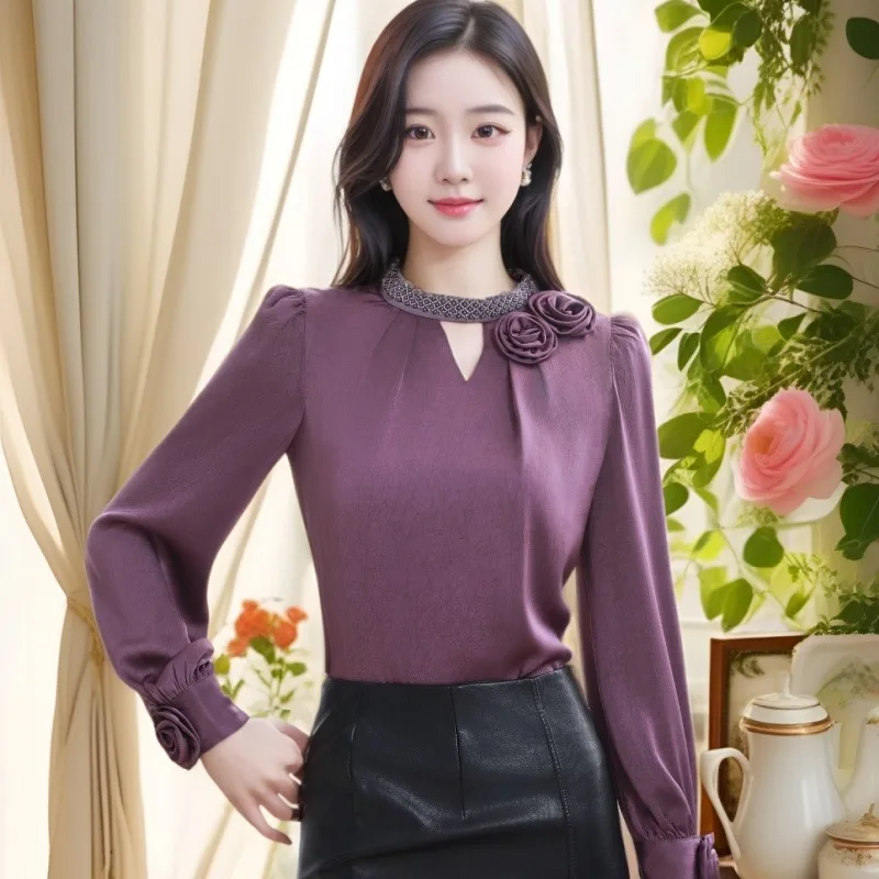 

Винтажные женские блузки, однотонные повседневные рубашки, модная свободная весенне-осенняя одежда, женские топы с длинными рукавами и аппликацией