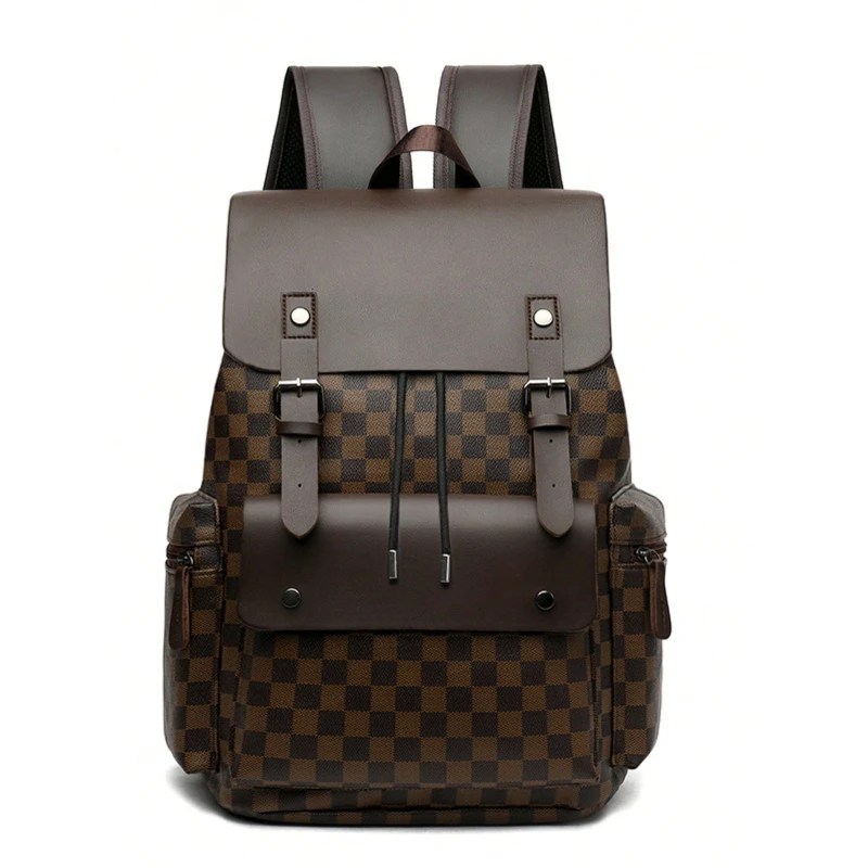 Brown Plaid Laptop Backpack Large Capacity Multi Pocket Water Resistant for Men Business Travel Work view 2