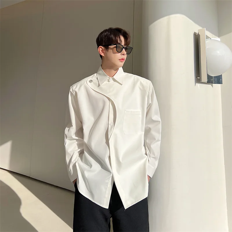

Asymmetric Collar Long Sve Men's Casual irt St Trendy Brand Spring New Sle Stand Fit Youth ular Color Woven