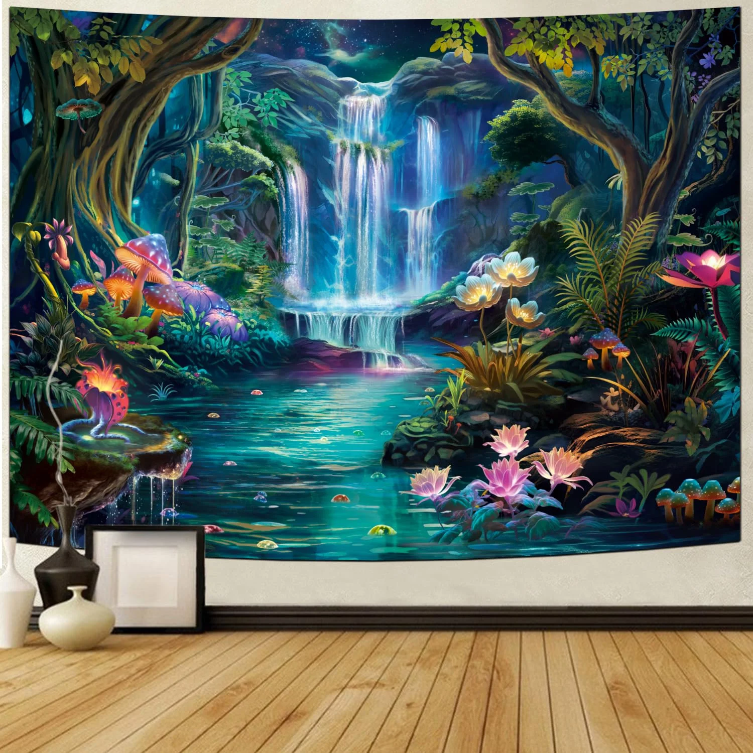 VIKAMA  Wonderland Mushroom Flower Tapestry Galaxy Waterfall Fantasy Plants Wall Art for Bedroom Living Room Dorm Decor