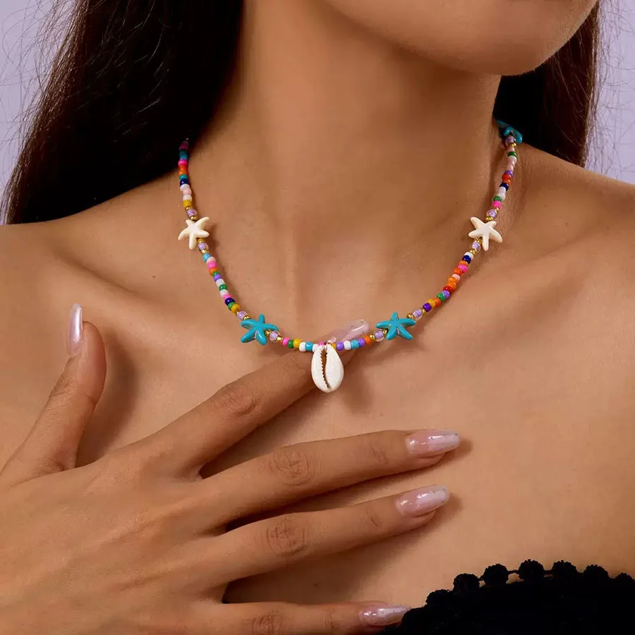 بوهيميا شل نجم البحر قلادة قلادة النساء الملابس والاكسسوارات الملونة البذور مطرز طوق قصير Joias الشاطئ الترفيه مجوهرات