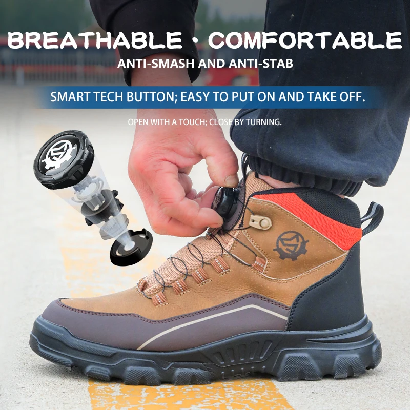 High Top Knob Buckle Safety Shoes, Mining Boots, Work Shoes, Anti-Smashing and Anti-Piercing Lightweight