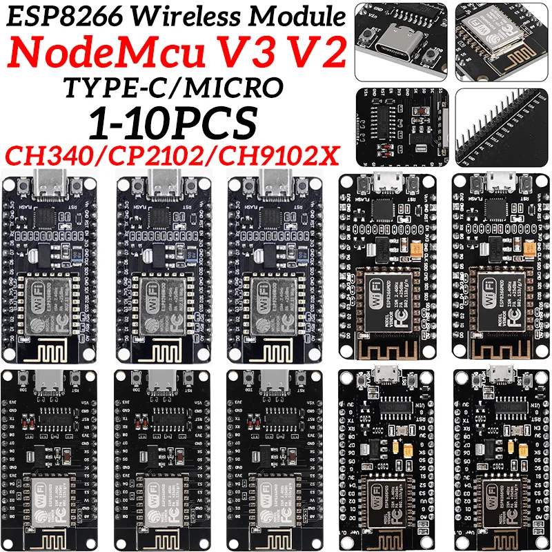 ESP8266 Wireless Module CH340/CP2102/CH9102X NodeMcu V3 V2 Lua WIFI Internet of Things Development Board Based ESP-12E ZY8266