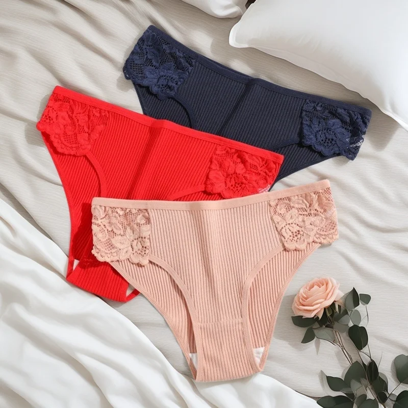 3 ks/sada dámských bavlněných kalhotek s nízkým pasem, spodní prádlo, patchworkové krajkové kalhotky, dámské měkké kalhotky, sexy spodní prádlo, velikost S-XL - náhled 4