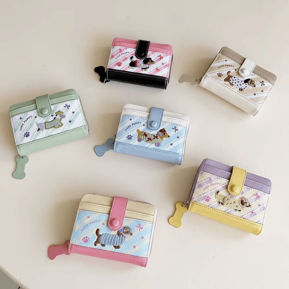 

Портативный кошелек с вышивкой в виде таксы, милый кошелек из искусственной кожи с рисунком таксы, модный картхолдер для нескольких карт