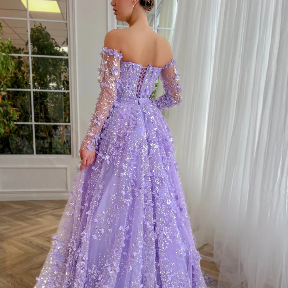 Elegant 3D Flowers Evening Dresses Chic Strapless Long Sleeves Beads Sequined Women Wedding Party Gowns Fashion Prom Dresses