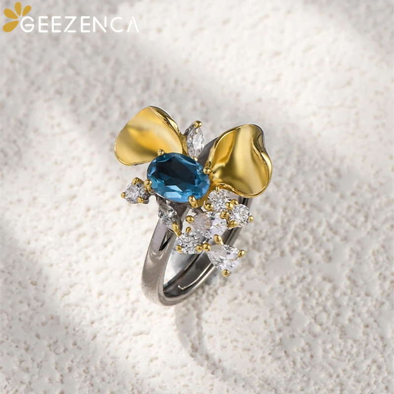 GEEZENCA Natural Blue Topaz Zircon S925 Silver Two Tone Flower Rings For Women Designer Chic Luxury Cocktail Ring 2023 New Gift