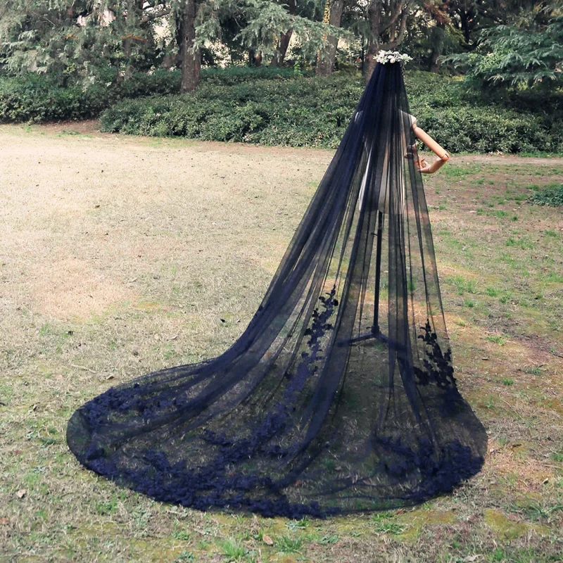 1 Layer Black Lace Wedding Veil Cathedral Length 3 Meters Bridal Veil