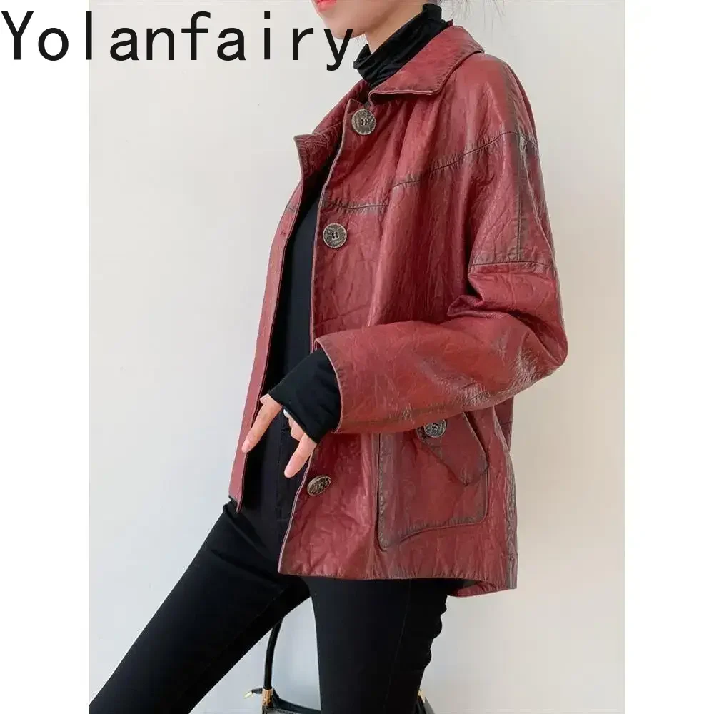 YOLANFAIRY Spring Autumn Genuine Leather Jacket Women's Vintage Oil Wax Sheepskin Short Loose Women Leather Clothing Female