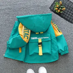Kids Boys Patchwork Windbreaker Autumn Jackets Fashion Zipper Hooded Coats Splicing Outerwear Outdoors Sports Casual Clothing