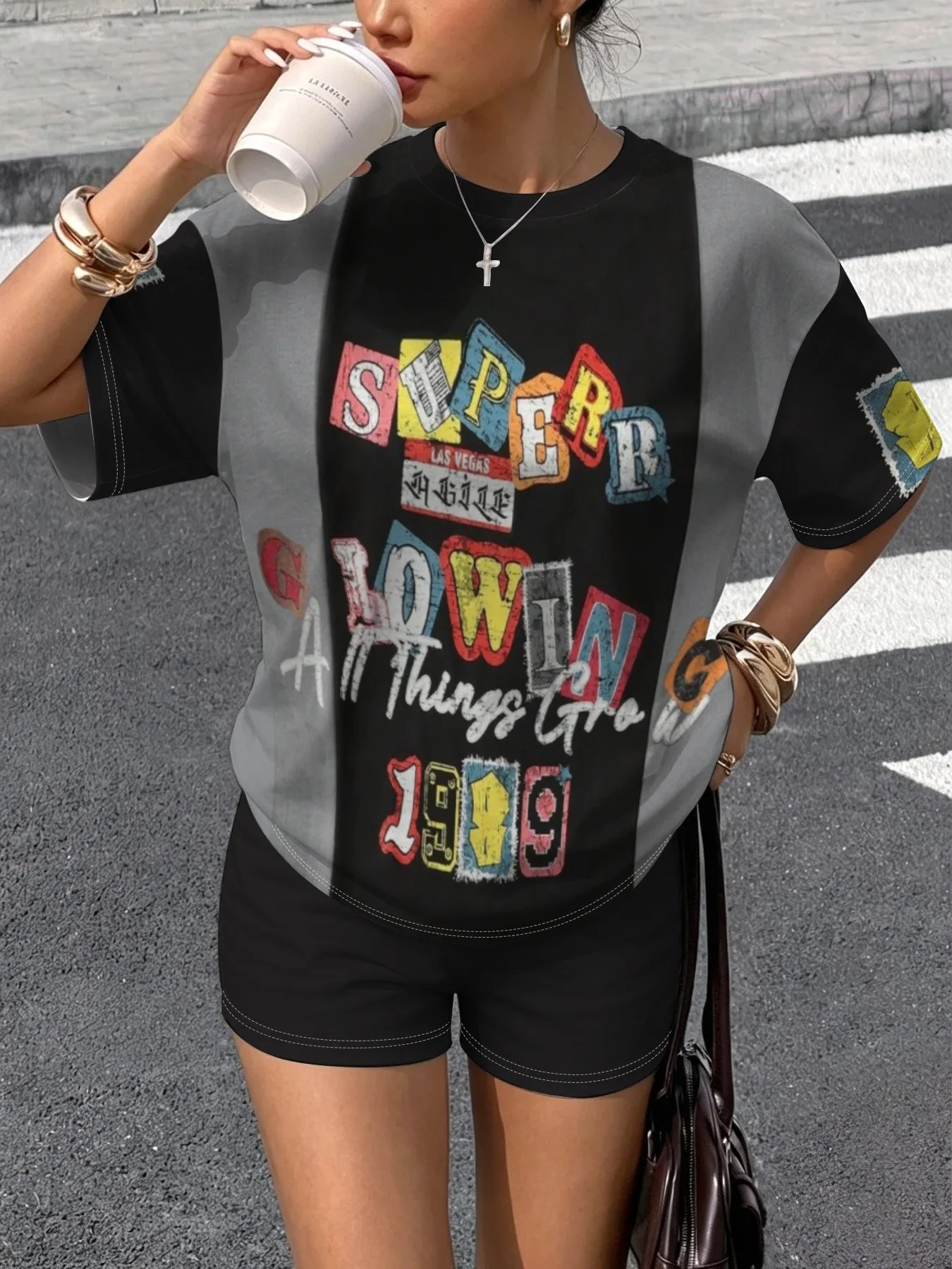 Summer women's suit with letter print lightweight breathable casual fashionable retro streetwear clothing