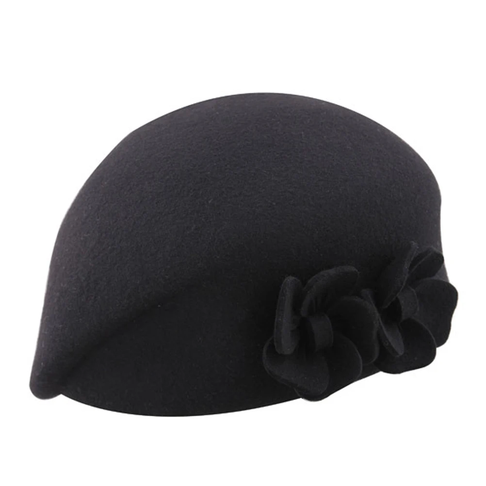 

1pc Merino Wool Beret Hat Warm Ladies British Style Knitted Women Black Accessories Flower Decor Durable Comfortable