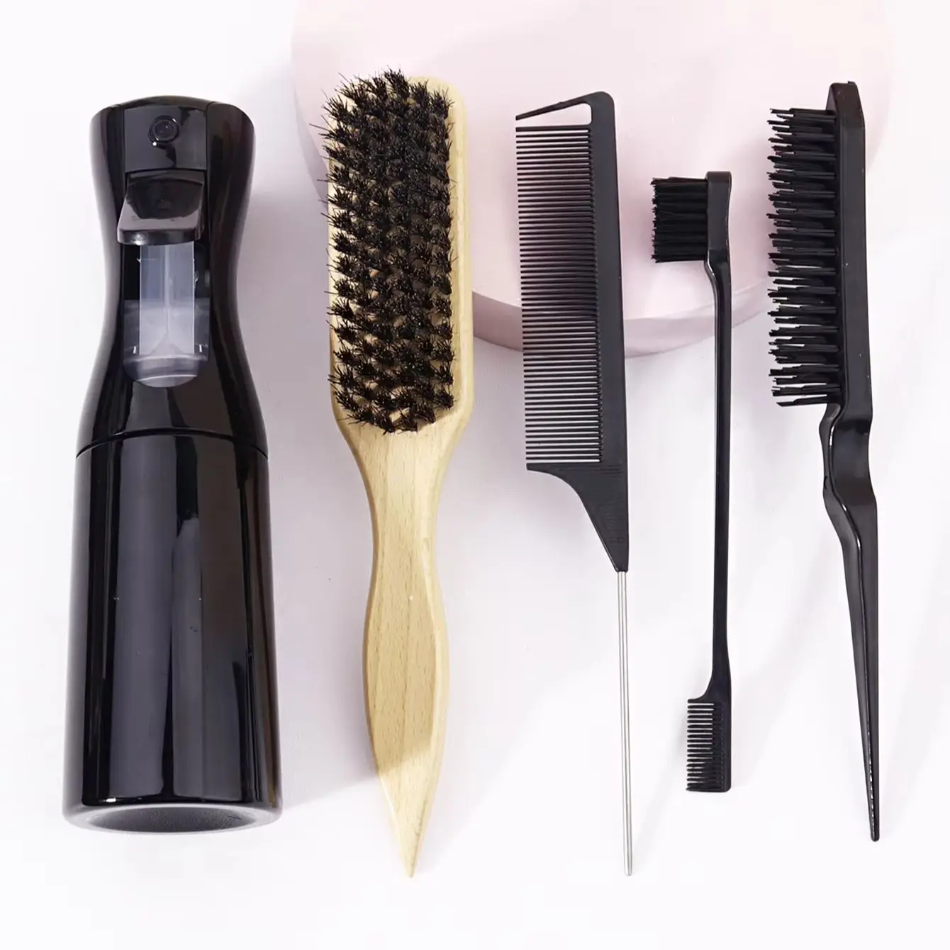 مجموعة وعاء رش فرشاة الشعر مكونة من 5 قطع، فرشاة شعر، زجاجة رذاذ، مشط ذيل الفئران، فرشاة نايلون، فرشاة حافة، خاصة للشعر المستعار الحقيقي