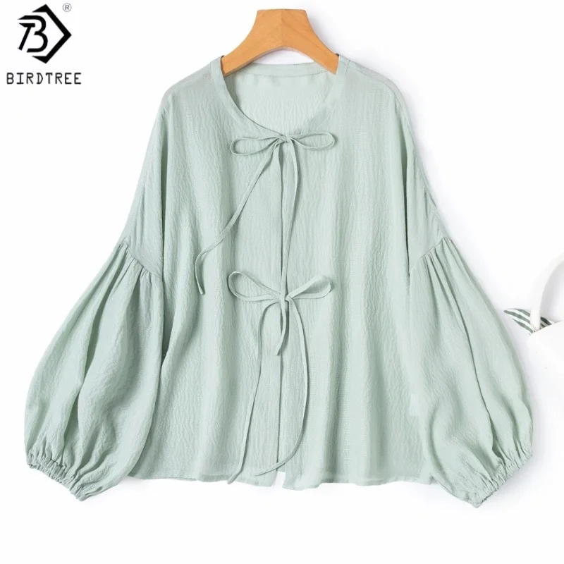 

Birdtree, 100% Real Silk Blouse, Lantern Sleeve Tie Cardigan, Women Bubble Crepe Sun Protection Tops, 2026 Summer New T65005JF