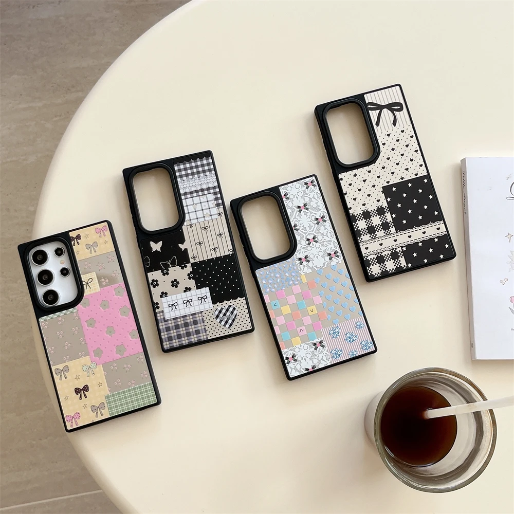 

Для Samsung S25 S24 S23 Ultra Checkerboard Bow Heart Case Galaxy S23 S24 S25 Plus Жесткий противоударный зеркальный чехол