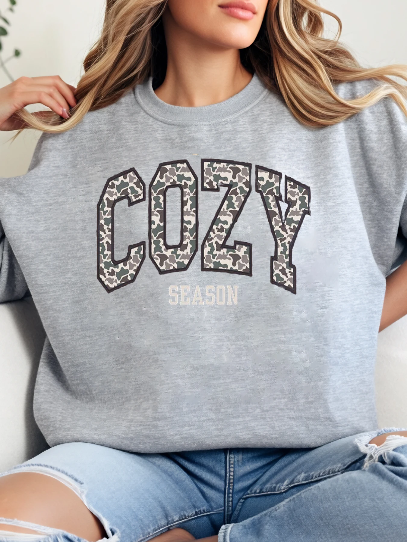 

Камуфляжный уютный сезонный свитшот с принтом, осень-зима, женская повседневная одежда, серый, больших размеров
