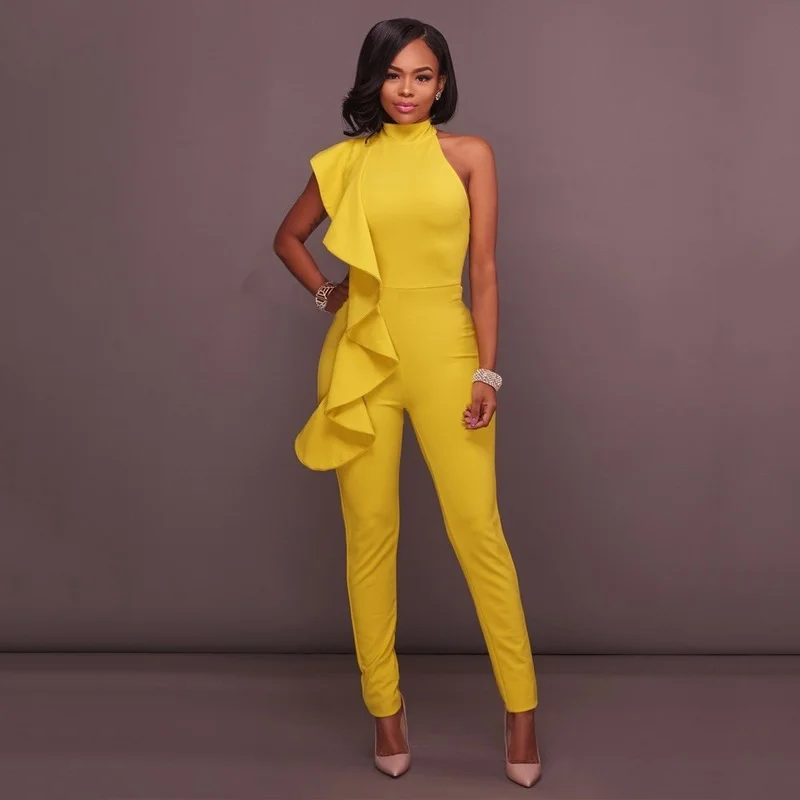 Elegant Ruffles Casual Office Jumpsuits Summer Women Sleeveless Off Shoulder Slim Jumpsuits High Waist Straight Long Playsuits