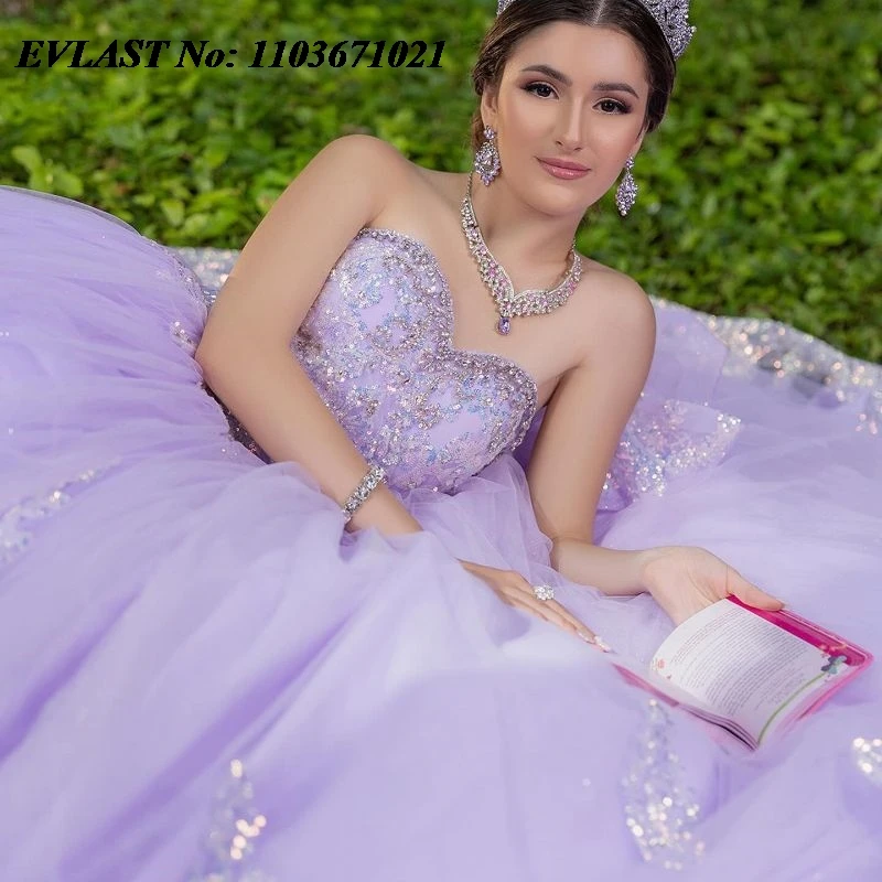 EVLAST Customized Lilac Quinceanera Dress Ball Gown 3D Floral Applique Beading Tiered Bow Sweet 16 Vestidos De XV 15 Anos SQ133