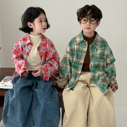 2024 Autumn New Sibling Clothes Colorful Checkered Shirt Boys and Girls Fashion Lapel Casual Shirts Children's Tops