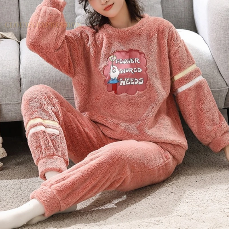 Winter New Plush Women\'s Pajamas Sets Thick Fleece Cartoon Printed Sleepwear Velvet Homewear Kawaii Girsl Pijamas Mujer Pyjama