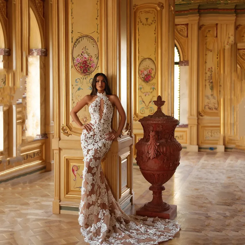 

Luxury Lace Appliques Mermaid Wedding Dresses Sexy Cut-out High Neck Sleeveless Elegant Sweep Train Bridal Gowns 2025 Customized