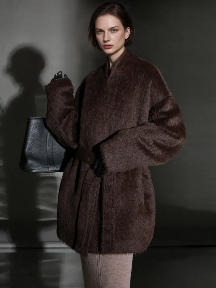 Ladies Fashion Winter V Neck Belt Alpaca Wool Coat Single Breasted Jacket Warm Windproof Female Wide Waisted Office Outerwear