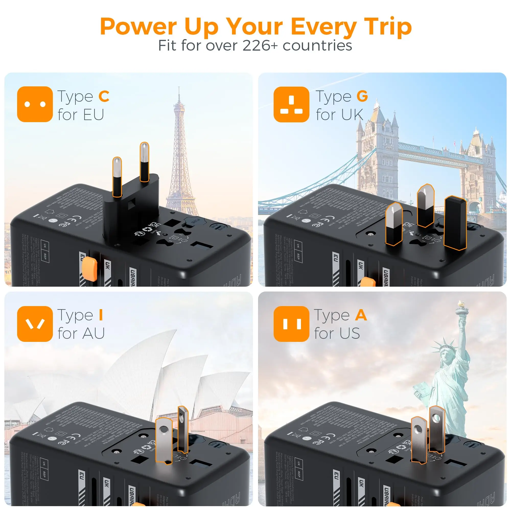Uniwersalny adapter podróżny TESSAN 140W/100W GaN z portem USB do szybkiego ładowania, adapter międzynarodowy z wtyczkami EU UK USA AUS do podróży — zdjęcie produktu 4