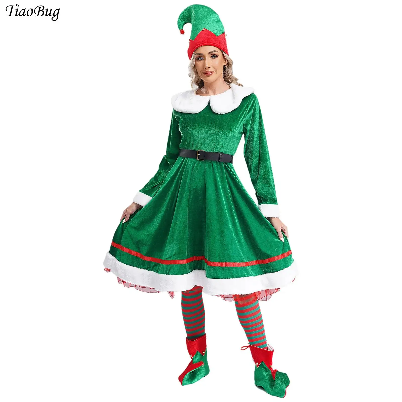 

Women's Christmas Elf Cosplay Costume Suit Fancy Party Tinkle Bell Flannel Dress+Belt+Hat+Striped Stockings+Shoes 5Pcs Set Green