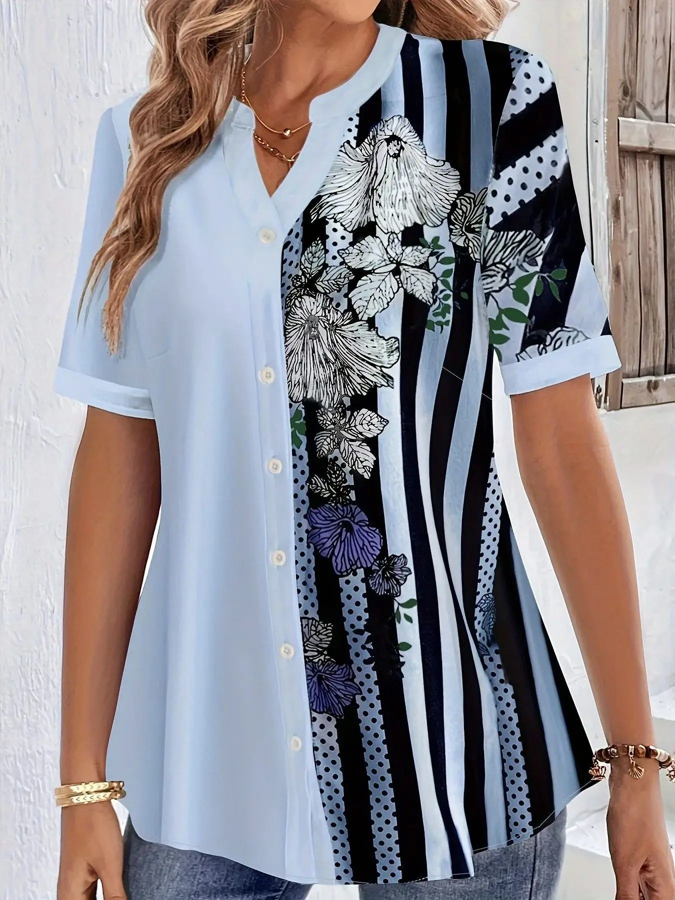 

plus Size Striped Print Blouse Casual round Collar f Sve Cleanfit Sle Women's irt Thin Material ort Sve