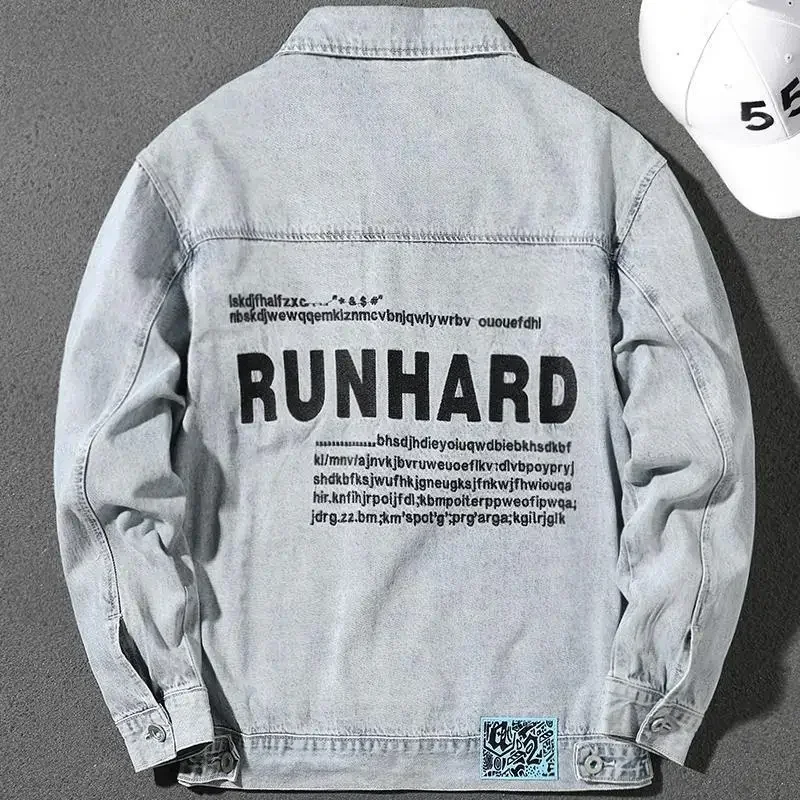 メンズデニムジャケットグレー秋ワイドショルダーファッション男性ジーンズコート刺繍プリント日本 Y2k 服ビッグサイズジョーカー