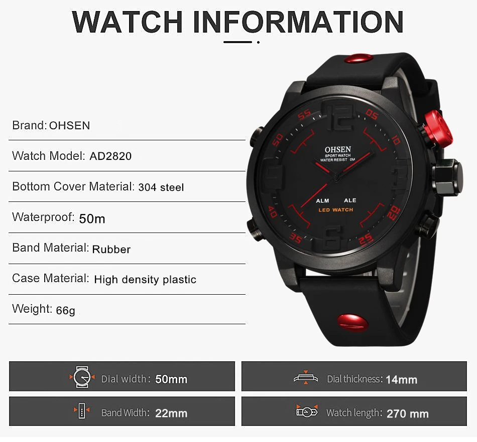 Men Watches Waterproof  Sport Military Men\'s Quartz Wristwatch Large Case Black Digital Electronic Male Clocks Masculino Hombre