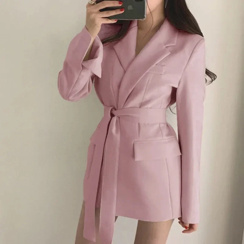 2023 Women Long Outwear Jacket Sashes Fall OL Korean New Fashion Solid Blazers British Style Elegant Blazer Coat women clothing