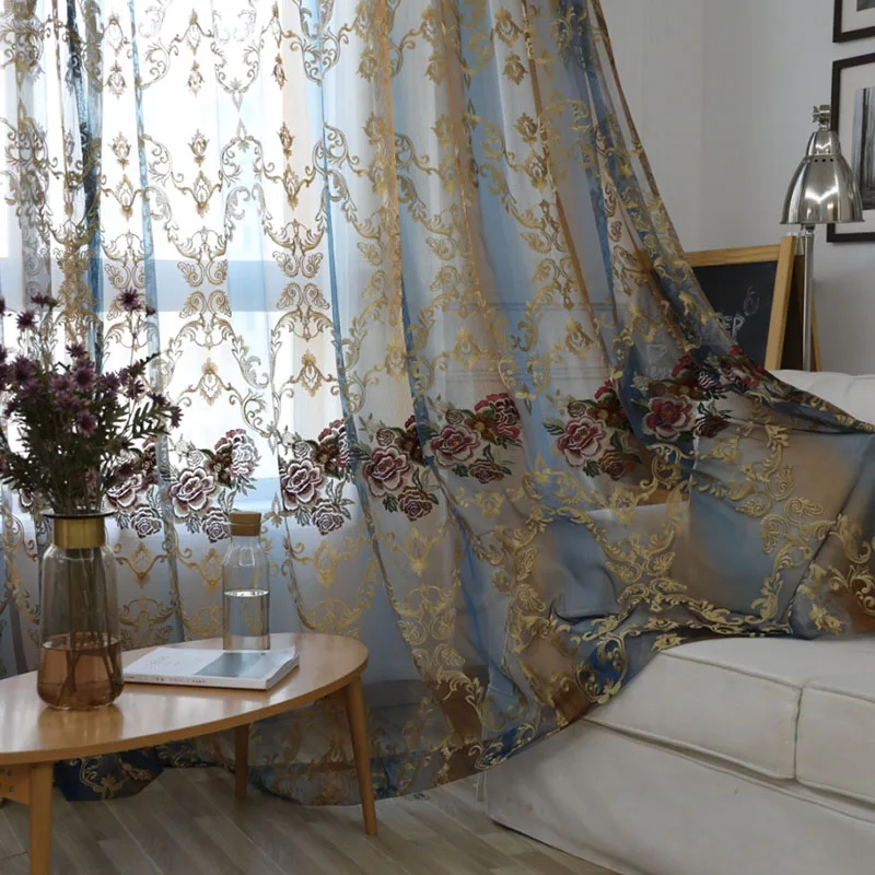 European Luxury Blue Brown Gradient Sheer Curtain Red Peony Embroidery Window Screen For Living Room Bedroom Villa Home Decor