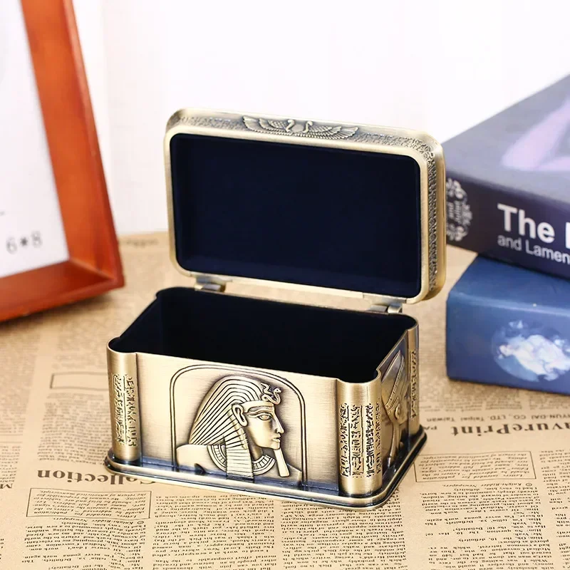 1PCS Vintage Egypt Pharaoh Metal Relief Jewelry Box Egyptian Gift Storage Case Home Art Craft Decoration Organizer Casket Chest