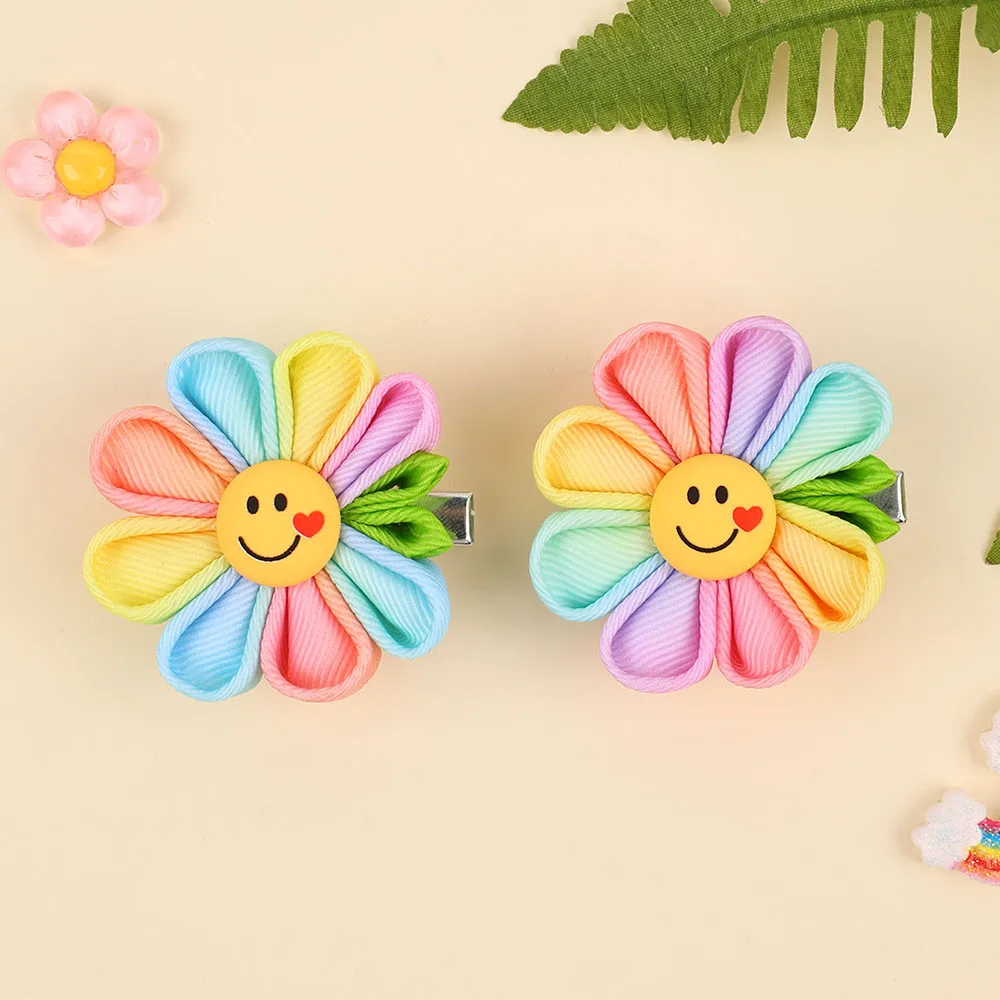 2 stücke Regenbogen Farbe Haars pangen für Mädchen, niedlichen Sonnenblumen Dekor Alligator Clips mit Herz Muster Zubehör, Haarschmuck