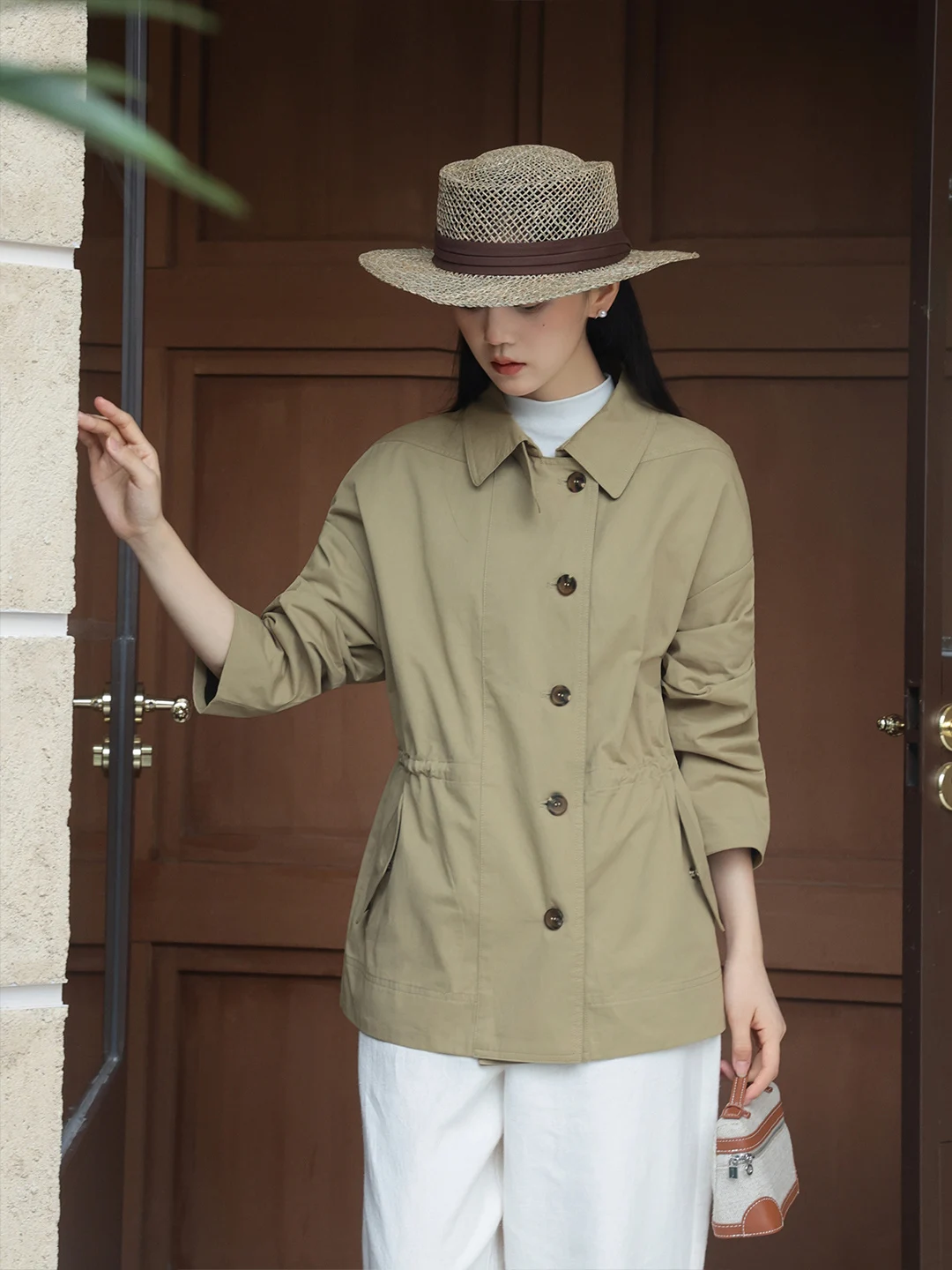 

Loose Fit Han Han Flax Spring Summer Women's Coat Casual Sle Turn-down Collar Workwear ort Length Double-breasted Button