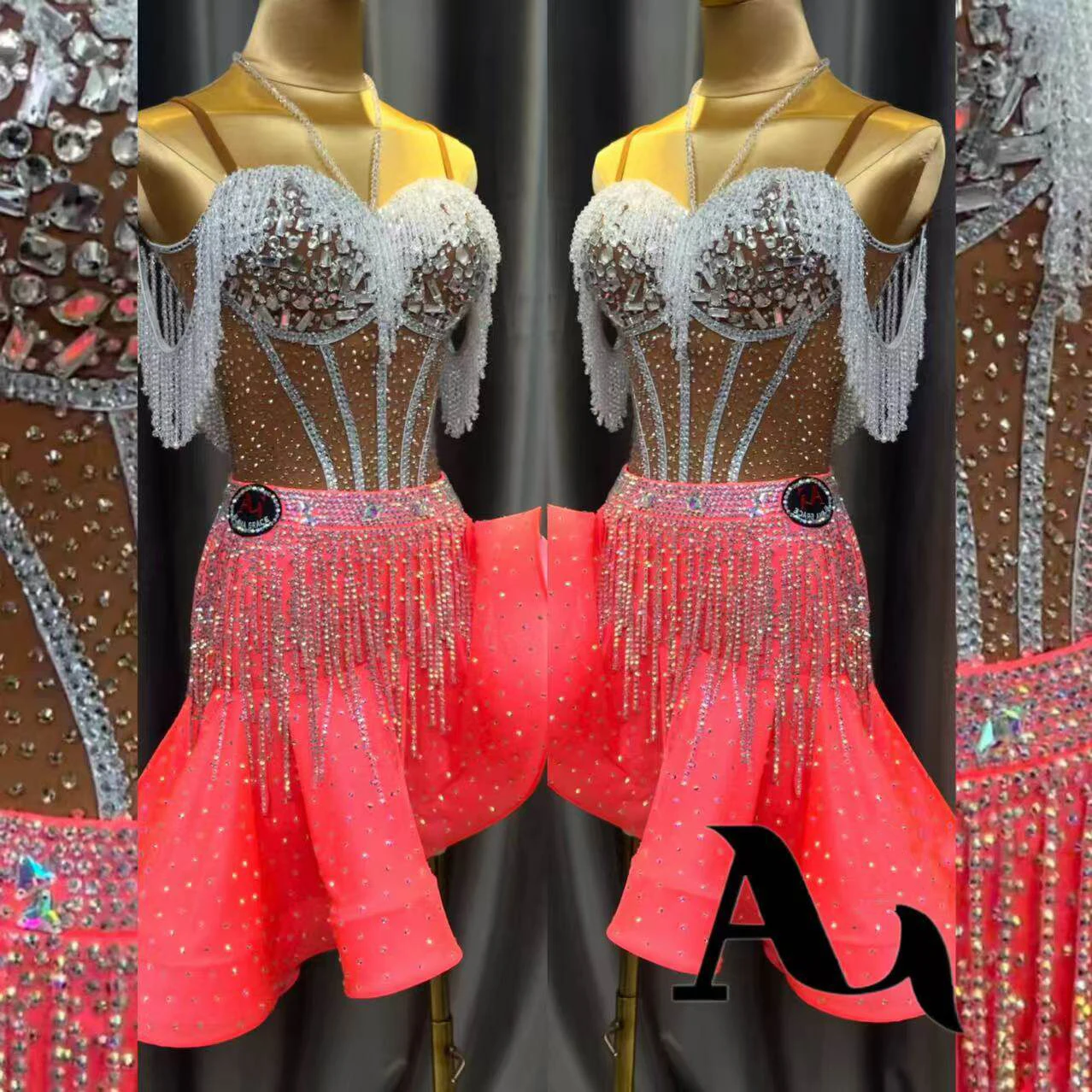 

Latin Dance Adult Children'S Dress AB Stone High-End Custom Crystal Split Fishbone Skirt Precisely Tango Women'S Clothing