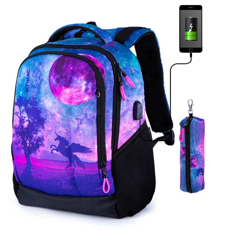 

Teen Girls Romantic Starry Sky Junior High School Backpack Teenagers Girls Large Orthopedic School Bag with USB Charging